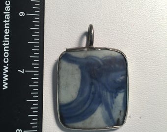 Vintage Silvertone Chinese Pottery Pendant - AB