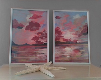 Abstract acrylic "Partly Cloudy" sunset coastal seascape painting