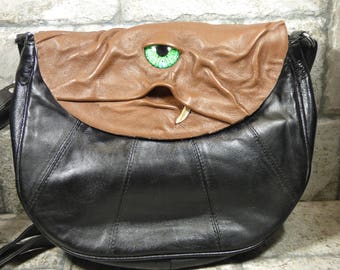 Cross Body Adjustable Purse With Face Monster Brown Black Leather Goth Rockabilly 384