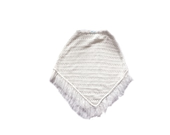 White knit cape, vintage poncho, fringe,