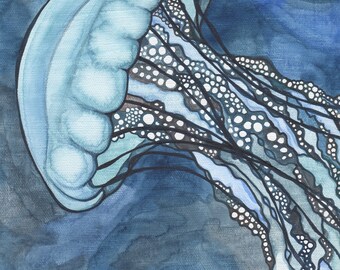 Ultramarine Sea Nettle Jellyfish 8.5 x 11 print of hand painted detailed watercolour artwork in deep rich aqua turquoise blue colours