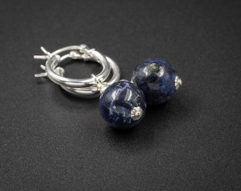 Sodalite hoop earrings, Sodalite and sterling silver boho hoop earring drops, denim blue and silver sodalite earrings, sodalite jewelry