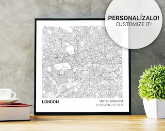 Poster map of London (United Kingdom) 23 x 23. Custom text. Ideal plate for decoration or as a gift.