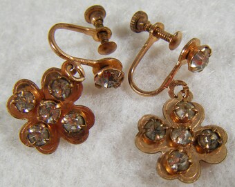 Vintage 70's Copper Tone Clover & Rhinestone Screw Back Earrings