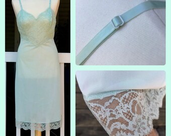 50s Vanity Fair Nylon Slip Sheer Lingerie Mint Green Sissy Chiffon Lace Bodice 36 Bust Vintage Lingerie