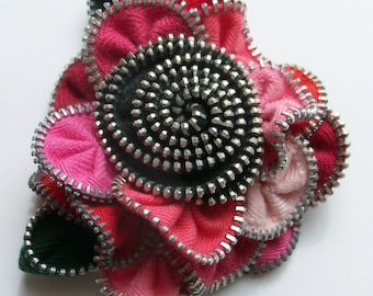 Multi colored Red Pink Salmon Hot and BlackFloral Brooch Zipper Pin 3142