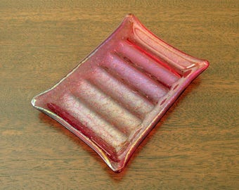 Pink Fused Glass Soap Dish with Shimmering Purple and Green Surface - Pink Glass Soapdish - Pink Fused Glass Dish