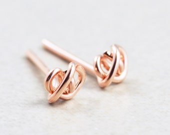 Rose Gold Knot Post Earrings, Metallic Tiny Studs, Love Knots, Bridesmaid Gift