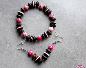 Set bracelet and earrings in pink Jasper and wood