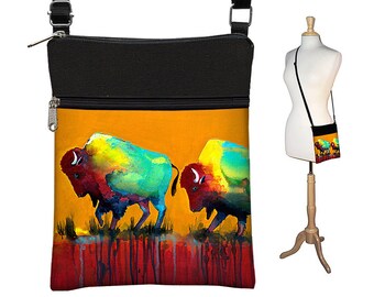 Clara Nilles Sling Bag Shoulder Purse Buffalo Cross Body Bag Small Travel Purse Zipper - Bison rust orange turquoise RTS