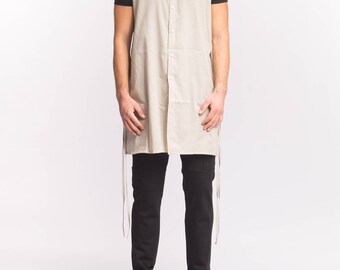 Collarless button shirt / Men's maxi shirt / Sleeveless cotton shirt for men / Beige kaftan for men / Men's minimalist shirt in cream