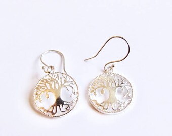 White Brass Circle Tree of Life Earrings, handmade,Yoga Earrings with hooks, Gift boxed,Free UK post