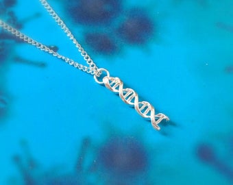DNA Necklace – Silver – Biology teacher gift, science scientist gift, Double helix, back to school graduation gift, geeky jewelry nerdy