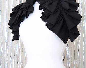 Infinity Scarf with Ruffles - Black Victorian Fashion Collar or Cowl by Mademoiselle Mermaid
