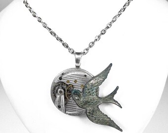 Steampunk Jewelry, Steampunk Necklace PINSTRIPE Pocket Watch VERDIGRIS Bird Men Women Steam Punk Pendant Anniversary - by Steampunk Boutique