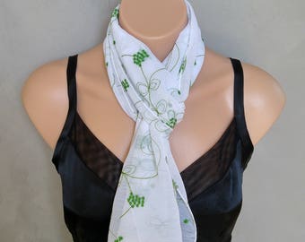 White Scarf, Green Scarf, Sheer Chiffon Scarf, Skinny Scarf, Floral Scarf, Sheer White Scarf, Green Skinny Scarf, White Chiffon Scarf