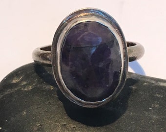 Natural Faceted Blue Sapphire Ring with Oxidised Silver
