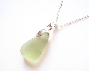 Seaham Sea Glass Pale Olive Green drop Pendant suspended from a sterling silver bail - E1763 - from Seaham, UK