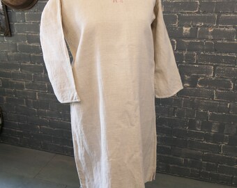 Antique French heavy linen smock, nightshirt, workshirt, embroidered initials 'M.G' vintage linen dress.