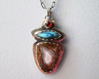Agua Nueva Agate, Blue Labradorite and Red Garnet Pendant in Sterling Silver Necklace Jewelry