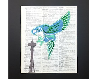 Seattle Seahawks Space Needle on Vintage Dictionary Page Art Print, Wall Decor, Digital Manipulation with Sparks of Glitter,