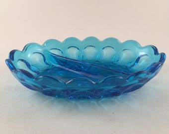 Vintage Sky Blue Pressed Oval Glass Sectional Relish/Candy/Trinket Candy Dish/Thumbprint/Scalloped Edge/Vintage Blue Glass/Vintage Relish