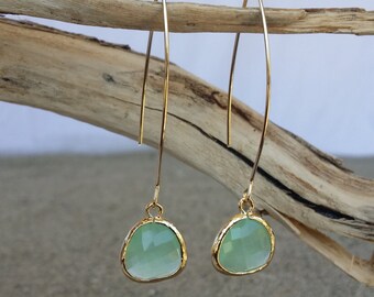 Bezel Set, Drop Earring, Faceted Glass, Gold Filled Ear Wire, Mint Green