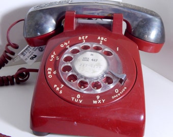 Vintage Red Bell Rotary Telephone with Silverplate Raimond Receiver Cover Scrolled Design Mid Century Phone Blood Red & Silver Gothic Home