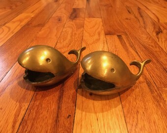 Vintage Pair of Brass Whale Ashtrays Mid-Century