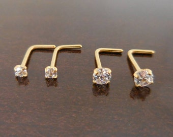 Pair 2mm or 3mm Prong Set Screws Rings Bones Nose Piercing L Shape Stainless Steel Gold Tone Free Shipping Comfortable Jewelry 20G or 18G
