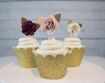 Rose Cupcake Toppers, Floral Cupcakes, Rose Toothpicks, Cupcake Decorations, Flower Cake, Floral Party Decor, Mini Paper Flowers