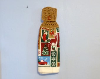 Hanging Kitchen Towel Crochet Top Doubled Uncut Holiday Christmas Theme Winter Deer Snow Truck Tree