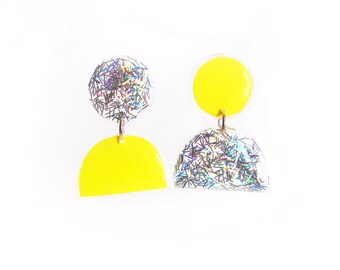 Neon Yellow Holographic Earrings, Vibrant Plexi Resin Jewelry, Mismatched Acrylic Earrings, Bold Sparkle Earrings, Post Dangle Earrings