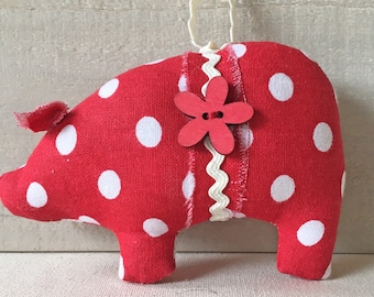 red white polka dots - pig ornaments - handmade Christmas ornaments - country cottage - primitive country decor - holiday decorations - pigs