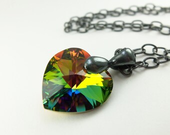 Rainbow Necklace Crystal Heart Necklace Dark Silver Necklace Gunmetal Beaded Rainbow Necklace