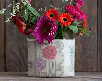 vase - flower brick - folk - illustrated - handmade - floral - art pottery
