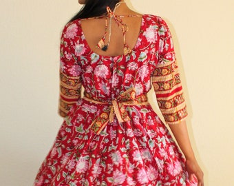 Bohemian Blockprint Midi Anarkali Gypsy Dress