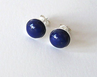 Lapis Gemstone Studs Sterling Silver Post Earrings, 8mm Cabochons, Dark Blue Lapis Lazuli Stones,Minimalist Style