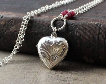 Ruby Locket, July Birthstone Locket, Photo Locket Necklace, Sterling Silver Locket, Silver Heart Locket Pendant, Push Present Picture Locket