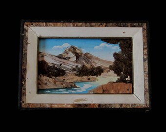 2-D Picture - Wall Hanging - Dimensional Sculpture - Bark, Moss, Twigs, Wood - Tranquil Mountain Scene - Peaceful - Zen - Vintage Home Decor