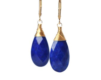 Large Lapis Lazuli Earrings in 14k Gold Filled, Rose Gold or Sterling Silver, 9th Anniversary Gift, Blue Gemstone Dangle Leverback Earrings