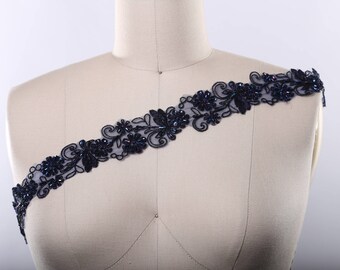 Navy Lace Trim/ Navy Beaded Lace Navy Blue Sequined Lace Trim. Alencon Navy Lace Trim With Floral Details- Yana