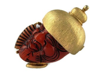 Selro Warrior Pin/Japanese Samurai kabuto helmet/ Brown Okina Hakushikijyo / Noh Mask Gold Tone Pin/ Selro Devil Brooch