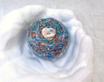 Silk Basket - Mother of Pearl Heart Button Embellished Silk Tapestry Basket w/ Lid - Valentine's Day, Mother's Day, Wedding Anniversary Gift