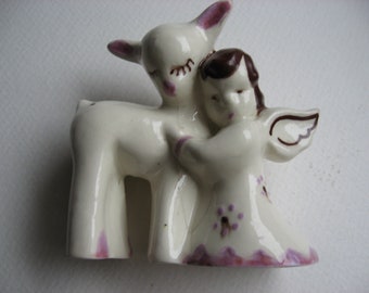 Vintage Mid Century California Pottery Fawn and Angel Figurine//Unknown Maker//Collectible USA Pottery//1940s/50s//Baby Nursery Decor