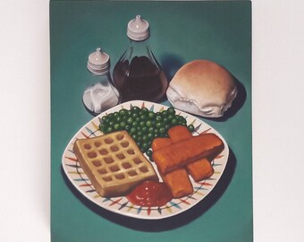 Original oil painting, Fishfingers and potato waffle, still life