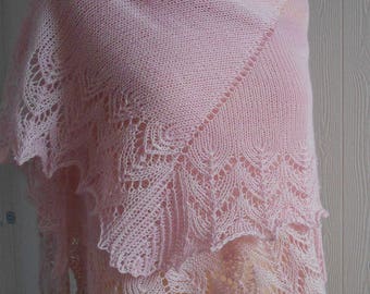 pink lace shawl, hand knitted, merino