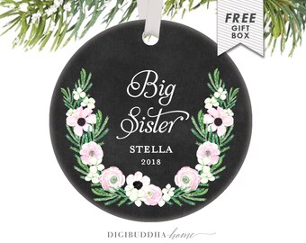 Big Sister Ornament Personalized Christmas Ornament for Baby Girl Christmas Ornament, Older Sister Ornament Floral Ornament for Big Sis Gift