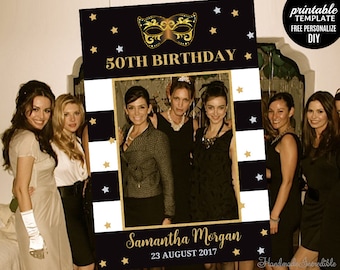 50th Birthday Photo Prop Template. Printable Gold Photo Prop Frame. Fifty and Fabulous Masquarade Silver Black Gold Photo Prop Booth.