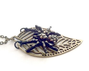 Sparkly Spider Necklace leaf Steampunk necklace Handmade Gift